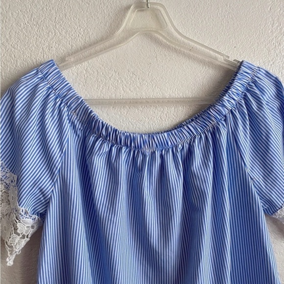 Kontrol Striped Blue & White Short Sleeve Lace Trim Off Shoulder Top L - Picture 4 of 8